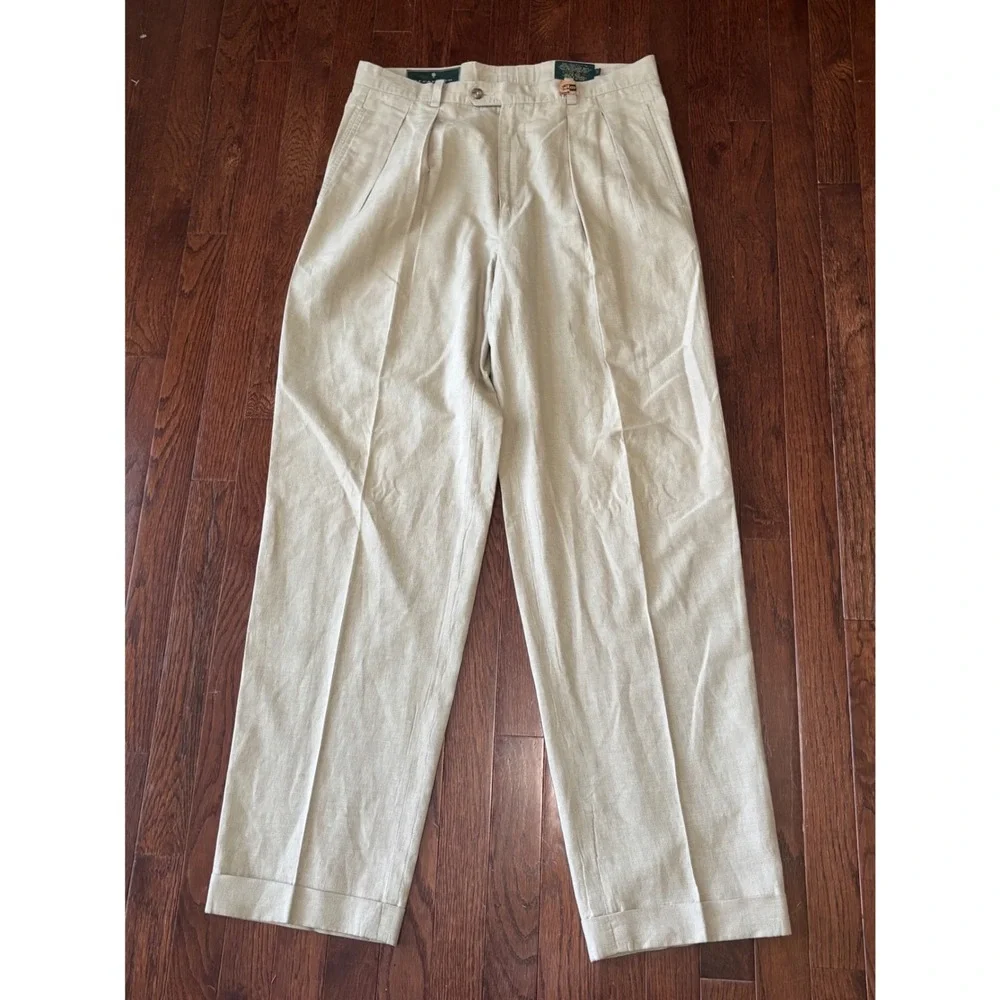 JJ Farmer 32x33 Pleated Cotton Linen Blend Trousers Beige Khaki Cuffed Pants